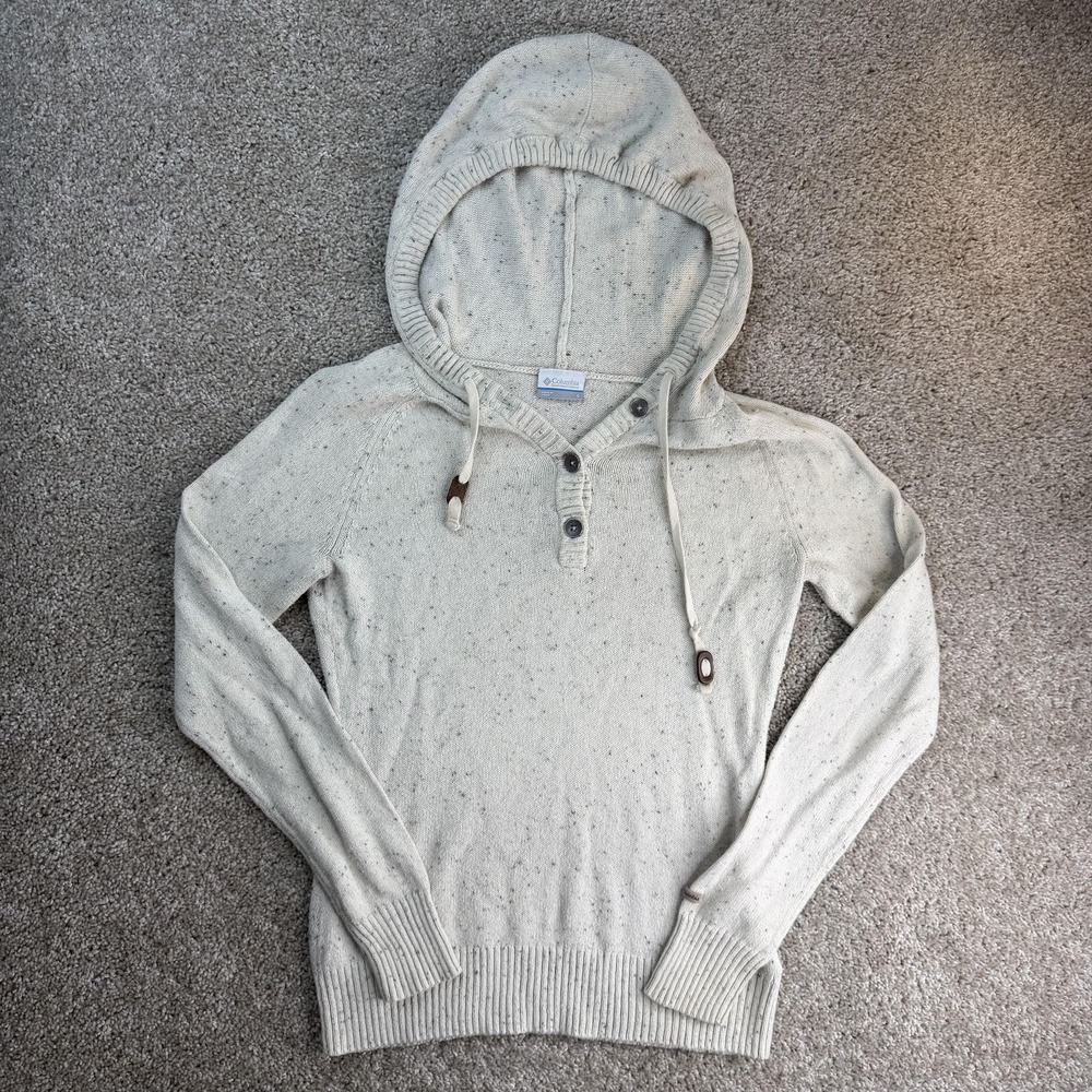 Columbia Sweater Womens S White Hooded Henley V Neck Long Sleeve Knit Pullover